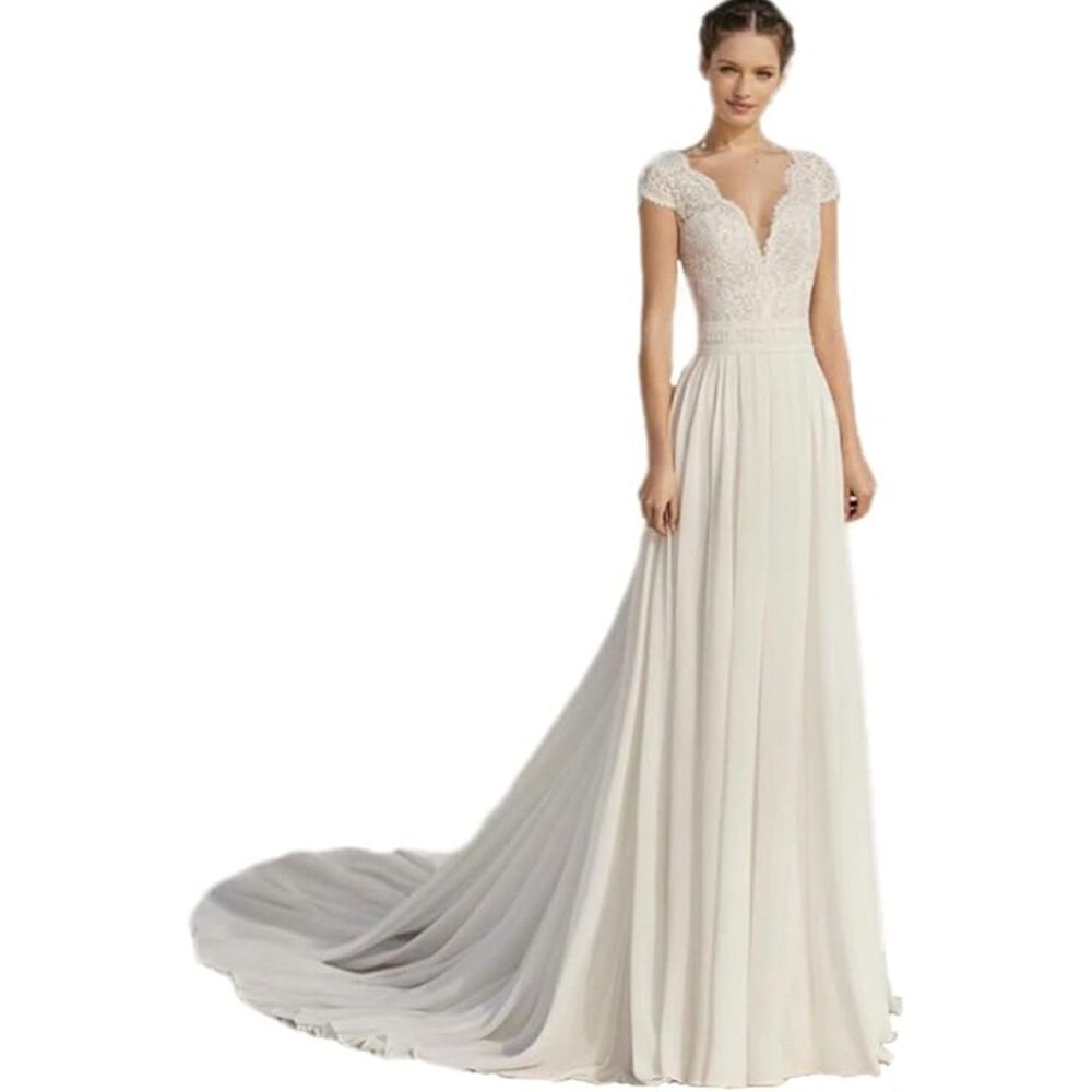 IS-NWT US8 Illusion Cap Sleeves Lace Chiffon Boho Chic V-Neck Wedding Dress
